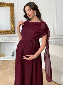 SHEIN Maternity Solid Color Pleated Casual Vacation Dress - Burgundy - View 4