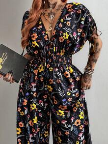 Whyspr Plus Size Women's Black Digital Floral Print Drawstring Shoulder Jumpsuits - Black - View 4
