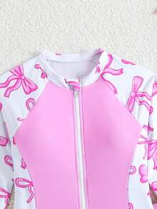 SHEIN Ensemble de maillot de bain une pièce pour filles préadolescentes avec nœud rose et imprimé floral, blocs de couleurs, vacances d'été à la plage - Rose bonbon - View 4