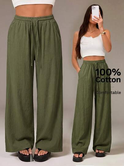 SHEIN Tall Trang phục mùa hè dành cho nữ, thích hợp đi xem hòa nhạc, đi biển, phong cách boho cơ bản tối giản, quần trắng 100% cotton đã giặt, ống quần cong.