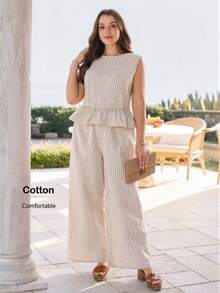 Rosumi Plus Size Women's 2pc Set,White Striped Ruffle Sleeveless Tank Top And Wide Leg Pants,Summer Vacation Holiday Boho Outfit,Casual Everyday Set - Khaki - View 1
