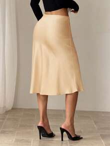 SHEIN PETITE Black High Waist Solid Color Skirt With Satin Texture Suitable For Dance And Daily Wear - Mustard Yellow - View 2