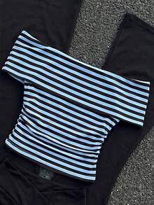 Coolane Kids Top corto de ajuste ceñido con hombros descubiertos de unicolor para niñas preadolescentes - Azul y blanco - Ver 2