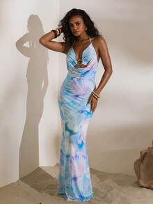 Opulessa Spring & Summer Vacation Knitted Mesh Printed Halter Backless Mermaid Dress For Women - Baby Blue - View 5