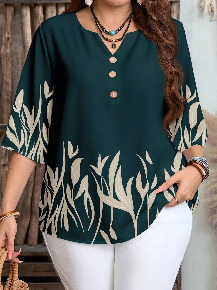 EMERY ROSE Plus Size Plant Print Casual Business Casual Traditional Shirt Suitable For Summer Vacation Dark Green - Green - View 1