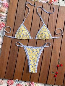 Swim Vcay 女士夏季黄色底蓝色花卉格纹三角罩杯挂脖性感比基尼套装，清新甜美温柔优雅，适合海滩度假 - 彩色 - 查看 5
