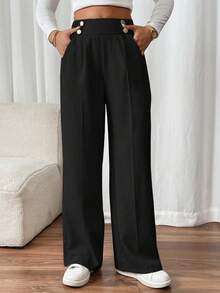 SHEIN PETITE CURVE 大码女士直筒优雅办公裤，女士休闲裤，大码裤装，蓝色条纹高腰裤，大码裤装 - 藍色 - 查看 11
