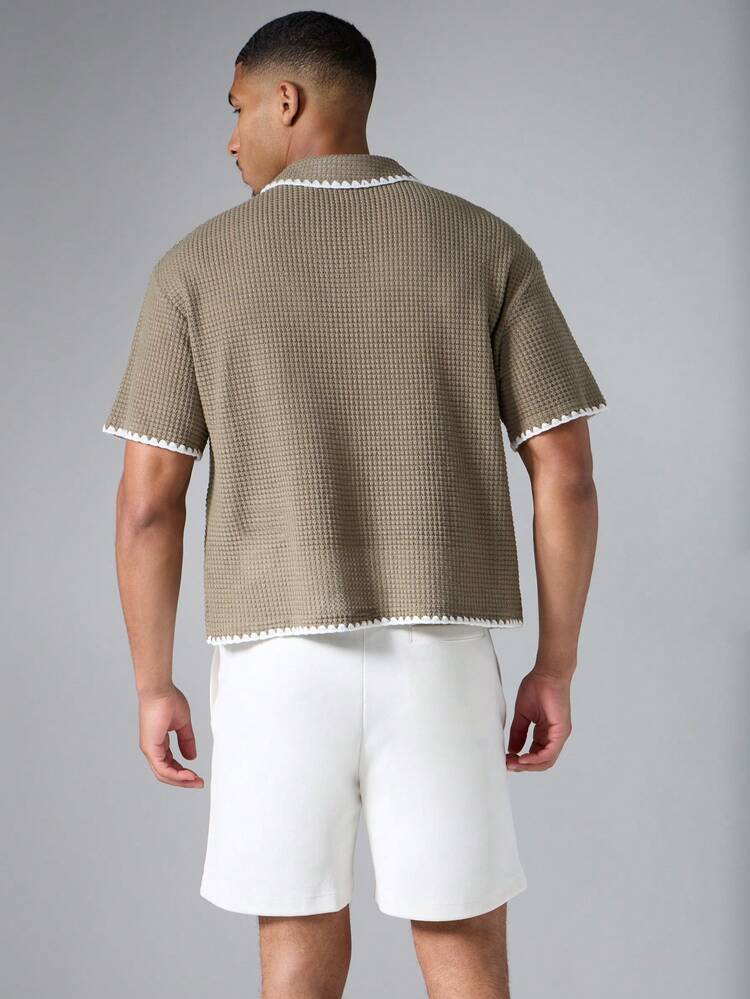 Waffle Knit Polo Shirt With Whipstitch Trim Open Collar Embroidered Logo Boxy Fit Summer Top