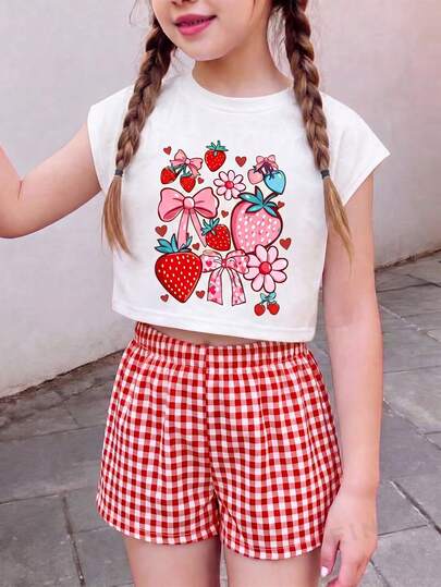 SHEIN 2pcs/Set Tween Girls Floral Print Fitted White Short Sleeve T-Shirt Top And Loose Shorts Set, Summer Outfit