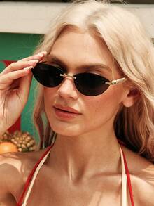Glisma 1 Pair Unisex Cat Eye Minimalist Small Frame Fashionable Sunglasses, Suitable For Sports, Travel, Driving, Beach, Festivals, Vacations, Street, Fishing, Outdoor Activities. A Street Fashion Accessory, As Well As A College Style Choice For Summer Beach Vacations, Outdoor Trips, And Back To School Season. - Gold Ash - View 1