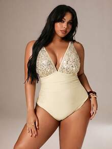 Auralis Plus Size Women's Sequin Detail Sexy One-Piece Swimsuit, Suitable For Pool And Beach - Apricot - View 1