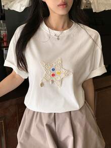 DAZY Women's Summer Round Neck Short Sleeve Loose Star Decor Casual T-Shirt - White - View 8