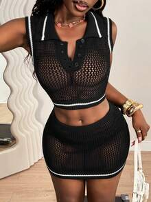 SHEIN BamGlam Trang phục nghỉ hè cho nữ: Áo vest ngắn không tay cổ bẻ màu đen phối đen trắng, kiểu dáng tối giản, xuyên thấu, thích hợp cho hoạt động ngoài trời. Áo nữ màu đen, áo kiểu đen thường ngày, váy đen cho nữ. - màu đen - Xem 3