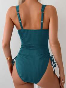 Swim Chiccia 女士纯色侧系带连体泳衣，休闲度假 - 藍色 - 查看 8