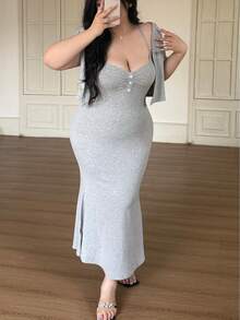 Vibekara Bộ đồ hai mảnh tối giản, gợi cảm màu xám dệt kim dành cho nữ, váy ôm sát cơ thể + áo khoác cardigan, trang phục sexy và sành điệu cho mùa hè. - Xám - Xem 4