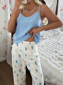 CottageSlumber Women's Solid Color Camisole Top And All-Over Print Lounge Pants Casual Pajama Set - Baby Blue - View 4
