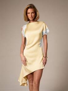 AiiRZ Elegant Lavender Lace Detail Asymmetric Mini Dress With Short Sleeves For Cocktail Party Evening Occasions Wedding Guest - Pale Yellow - View 4