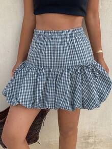 DAZY Plaid Ruffle Mini Skirt, Elastic Waist Fitted Casual Cute Back-To-School Skirt For Girls, Summer Vacation Blue And White - Blue - View 8