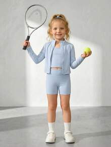 SHEIN Bộ 3 món thể thao mùa xuân/hè/thu cho bé gái, nhẹ nhàng, thoải mái gồm áo khoác cardigan cổ đứng có khóa kéo, áo vest ngắn cổ tròn và quần short ôm eo co giãn. - Màu xanh lam - Xem 8
