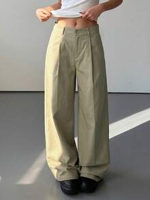 DAZY Calça casual de perna larga e solta de cor sólida para mulheres, Primavera/Verão - Verde Militar - Visão 4