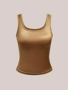 Barelissa 1pc Solid Color Minimalist Shiny Comfortable Padded Women's Camisole - Champagne - View 6