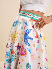 LOTSLUV Women's Colorful Playful Pattern Printed A-Line Long Satin Skirt,White,Summer,Euro,Tea Party,Vacation,Holiday Floral Skirts For Spring/Summer Vacation - Multicolor - View 7
