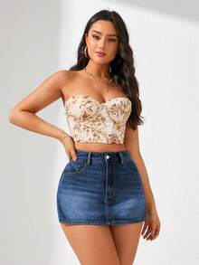 SHEIN ICON 大尺碼女款休閒度假淺藍色牛仔裙褲 - 中等水洗藍 - 查看 6