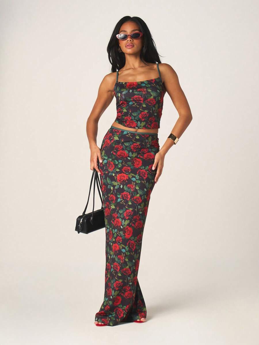 MISSGUIDED Conjunto de dos piezas de verano con top tipo camiseta de tirantes y falda larga con estampado floral de rosa, conjunto de vestido ajustado de lápiz - Multicolor - Ver 1