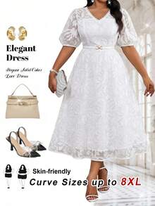 SHEIN CURVE+ Đầm ren tay ngắn cổ chữ V cỡ lớn, đầm trang trọng màu trắng, đầm thanh lịch dành cho nữ dự lễ tốt nghiệp, dự đám cưới, mùa xuân & hè, ngày lễ, phù dâu, mẹ của người tốt nghiệp, dịp trang trọng, đầm trắng thanh lịch, trang phục cưới, đầm trắng đi nhà thờ, trang phục dự đám cưới, đầm dự tiệc cô dâu, đầm trắng, đầm trắng dự tiệc cô dâu, đầm trắng thanh lịch dành cho nữ. - trắng - Xem 1