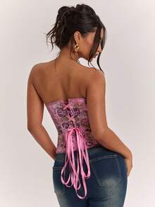 SHEIN BAE Women's Sexy Elegant Pink Floral Brocade Bustier Crop Top, Club Night Out Wear, Date Wear, Vintage Wear, Summer Wear, Bodycon, Y2K Top - Pink - View 2