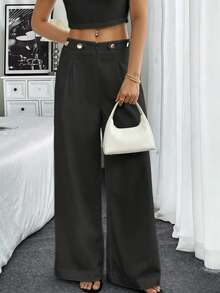 SHEIN Unity 2pcs Women's Round Neck Sleeveless Fashionable Fitted Top And Button Up Relaxed Fit Pants Set - Black - View 4
