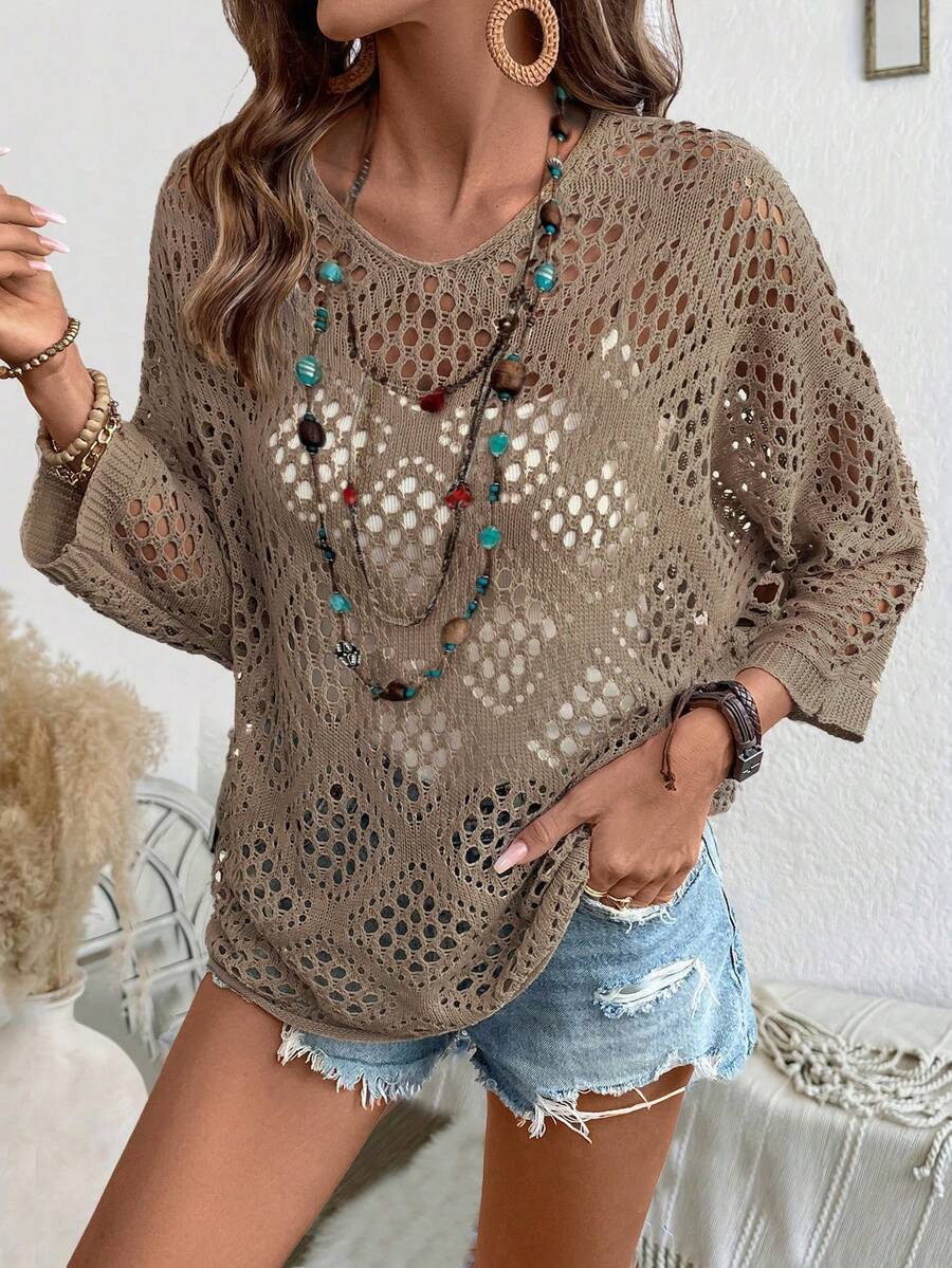 SHEIN Holidaya Áo len nữ màu trơn khoét lỗ, kiểu dáng thường ngày đa năng. - Màu nâu Mocha - Xem 1