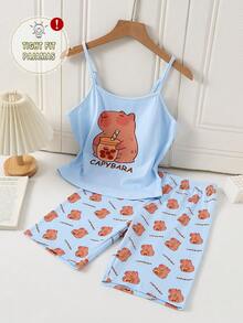 Bộ đồ ngủ cho bé gái tuổi teen, gồm áo hai dây màu xanh nhạt in hình chuột lang nước và quần short cùng màu cũng in hình chuột lang nước. - Màu xanh nhạt - Xem 5