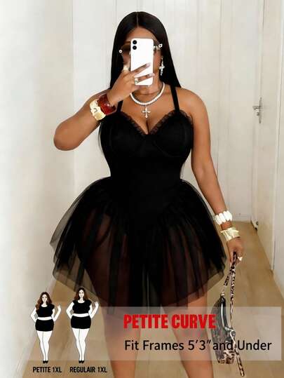 SHEIN PETITE CURVE Vestido interior elástico y cómodo de encaje negro sexy y con diseño calado, de estilo vanguardista francés, casual y juvenil, versátil, para mujer de talla grande. Atuendo sexy para eventos sociales/vacaciones