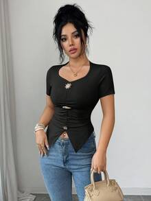 Elenzga Women's Elegant Sexy Short Sleeve Fitted Asymmetrical Hem Metal Decor Solid Color Versatile Minimalist T-Shirt, Spring/Summer Night Out Black - Black - View 4