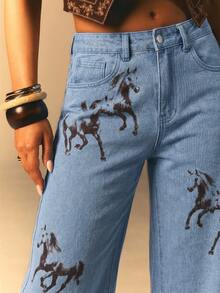 Athîral Denim Quần jeans nữ dáng rộng, ống thẳng, in họa tiết - Rửa nhẹ - Xem 1