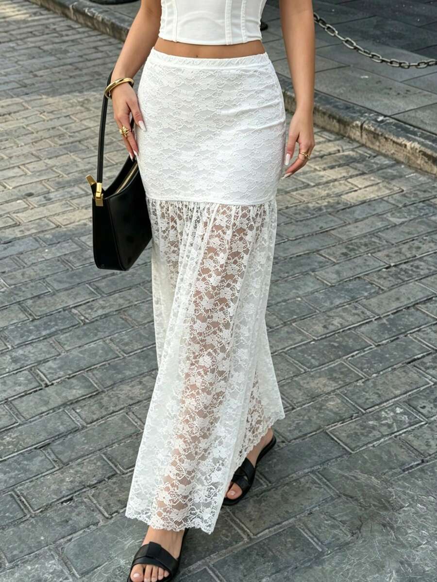 SHEIN Elenzya Falda elástica de cintura alta y encaje elegante para mujer, adecuada para vacaciones de primavera y verano - Blanco - Ver 1