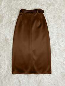 SMUM Women's Corduroy Skirt With Pockets And Slit, With Belt, In Khaki And Leopard Print - Coklat - View 2