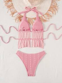 SHEIN MOD 女士粉色挂脖泳衣套装，适合节日、春夏、海滩、度假等场合，两件套，比基尼款式，沙滩套装，度假两件套沙滩度假装扮 - 粉色 - 查看 3