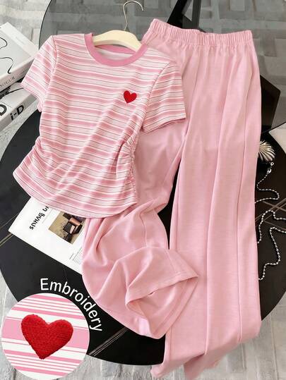 Tween Girls 2 Pieces Summer Outfit, Pink & White Striped Ruched T-Shirt & High Waist Wide Leg Pants Set, Cute Red Heart Embroidery Casual Tracksuit, Basic & Old Money Summer Inspired, Squishy Soft Fabric Comfortable , Perfect For Brunch Date, Casual School Day, Vacation Vibes & Daily Wear