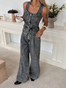 DAZY Bộ đồ denim nữ cổ vuông và quần ống đứng dáng rộng, phong cách đường phố thường ngày, màu denim bạc màu, phong cách Y2K. - Xám - Xem 4