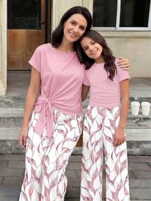 Tween Girl Ruched Fitted Short Sleeve T-Shirt & Geometric Print Pants 2-Piece Set, Casual Daily Fashion, Retro Color Blocking - White - View 5