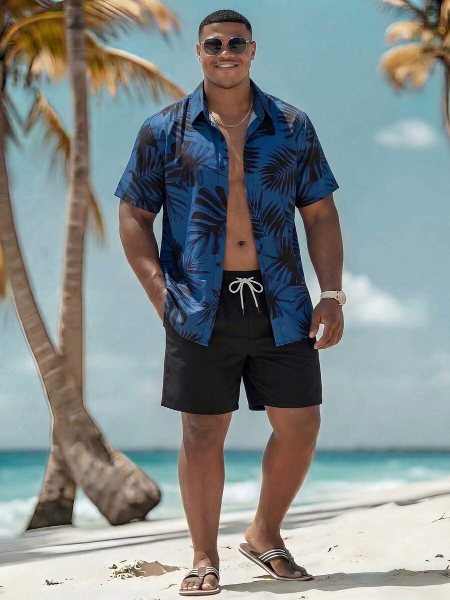 Naviga Onda 加大码男士热带植物印花单排扣短袖衬衫和抽绳腰带口袋短裤沙滩套装 - 水鴨藍 - 查看 1