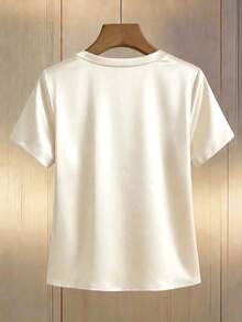SHEIN 纯色缎面V领珍珠点缀温柔知性女性短袖T恤 - 白色 - 查看 2