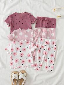 Cozy Pixies Newborn Baby Girl 6pcs Set: Heart Pattern Knit Soft Crew Neck Short Sleeve Top And Elastic Waist Shorts - Dusty Pink - View 2