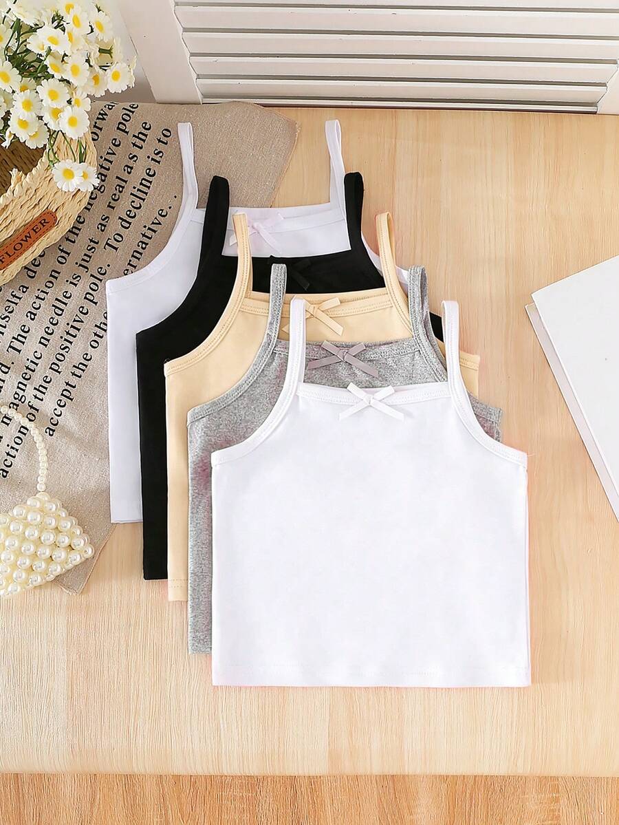 SHEIN Genkimix Kids 5件/包 女童白色牛奶丝面料简约吊带蝴蝶结吊带背心,休闲舒适针织打底衫,可作外套穿着 - 彩色 - 查看 1