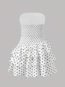Girlism Vestido casual de vacaciones con estampado de lunares para niñas preadolescentes, diseño con volantes en el bajo y sin tirantes, adecuado para uso diario, elegante, fiesta, cita, reunión familiar, graduación, vacaciones - Blanco - Ver 2