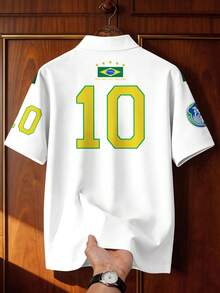 Aesthetic Post Retro Aesthetic Brazil #10 Yellow & Green Contrast Color White Football Jersey,Loose Fit Gym Sports Tee,Men's Summer Casual Short Sleeve Polo Shirt - Multicolor - View 2
