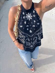 Firerie Women's Vacation Cashew Pattern Asymmetrical Hem Halter Top Beach Navy Blue Floral Summer Boho - Multicolor - View 5