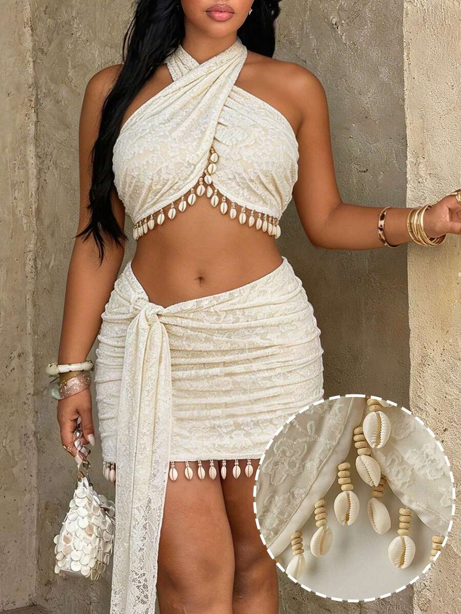 Rustia Ensemble de maillot de bain élégant et minimaliste de style français, Top de plage + jupe avec décoration de coquillage en jacquard et faux dentelle, ensemble 2 pièces pour femmes grande taille pour l'été - Nude - Voir 1